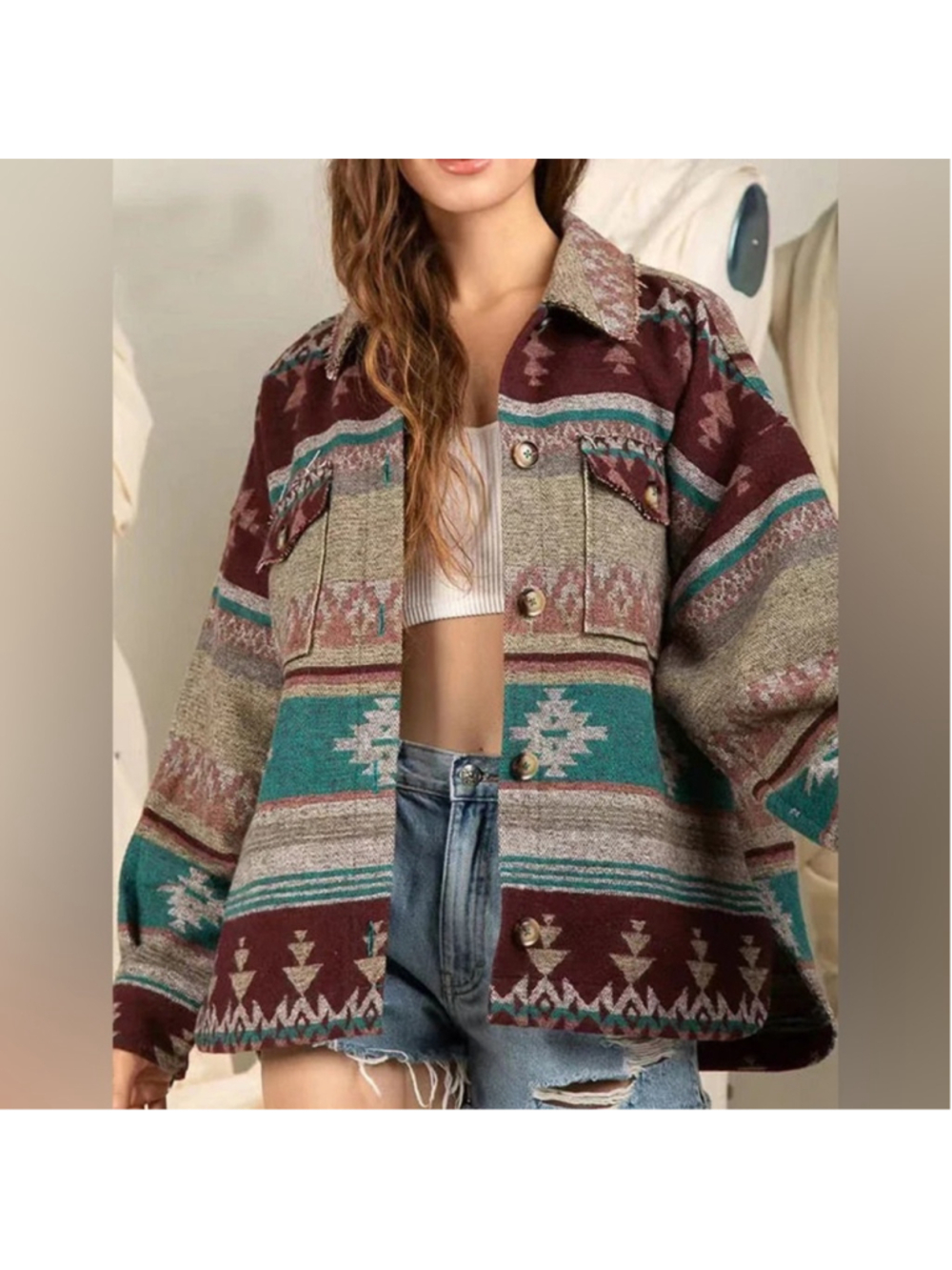 New In Southwestern Aztec Oversized Shacket Jacket M - Picture 2 of 6